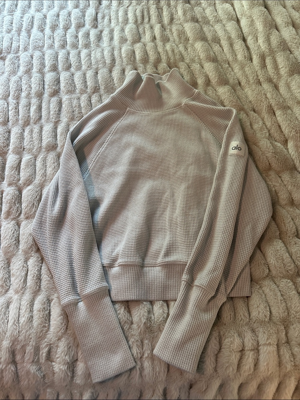 Alo Women's Waffle Knit Mock Neck Sweater - Light Taupe XS Hazy